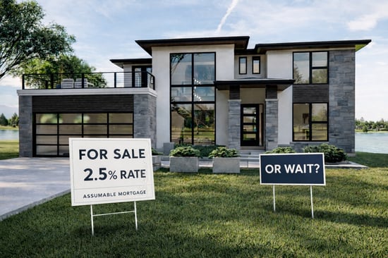 Modern home with yard signs asking whether to sell a house with a low mortgage rate or wait